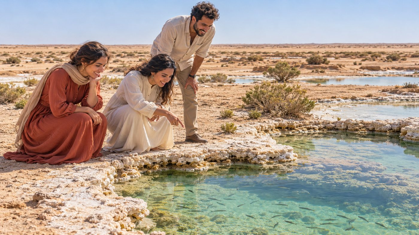 Trois visiteurs observant les poissons d’une source d’Imlili, dans le désert